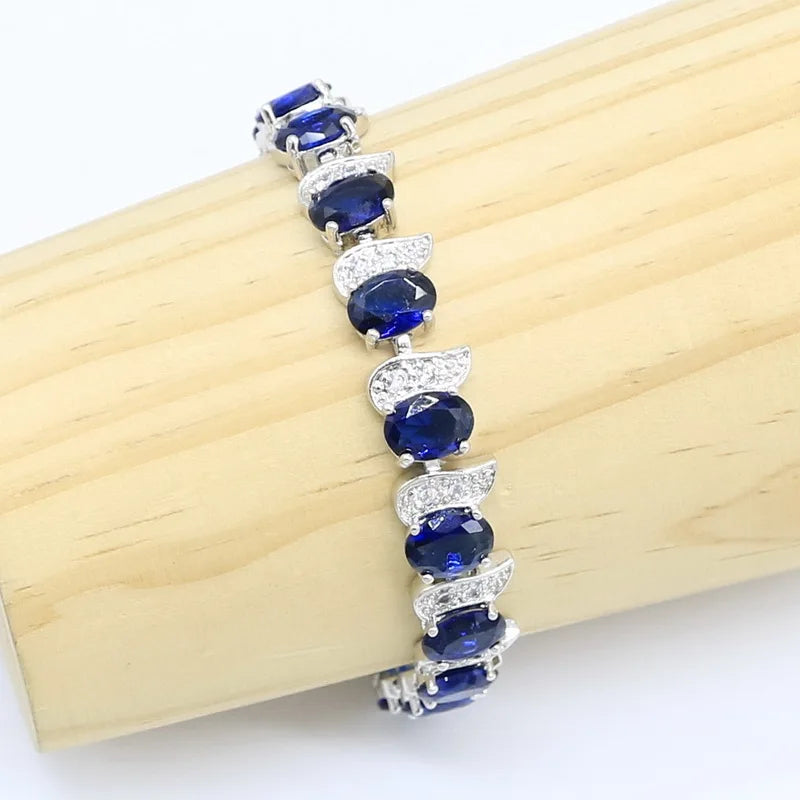 XOTICA Blue Semi-Precious 925 Sterling Silver Jewellery Set for Women Wedding Bracelet Earrings Rings Necklace Pendant-for Party Gift