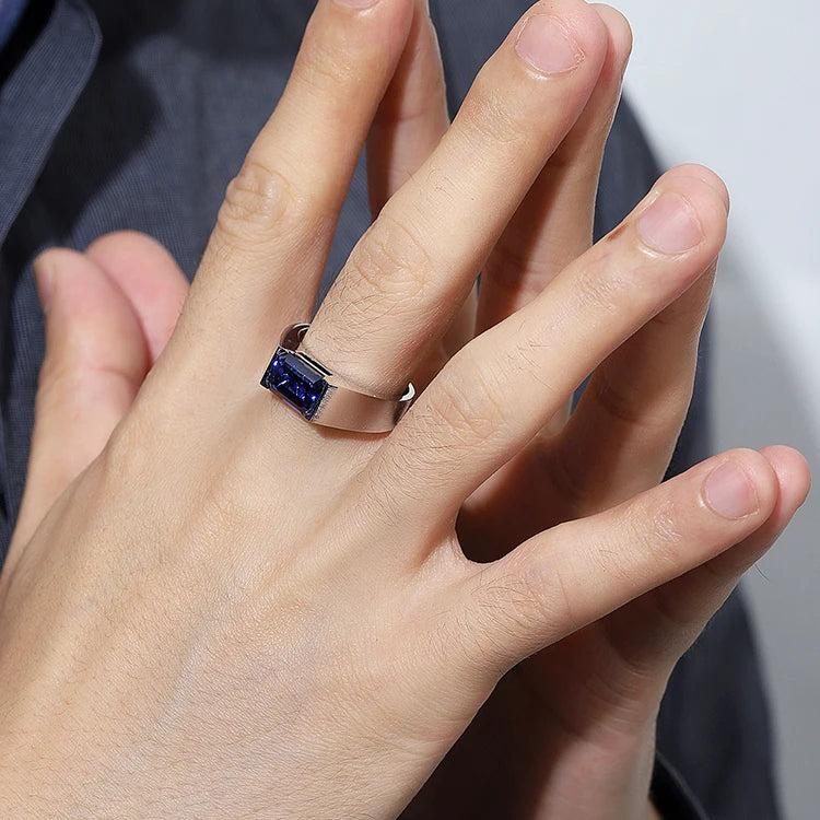Gemfiori 925 Sterling Silver Man Ring 3.51ct Lab Grown Blue Sapphire Stone Emerald Cut Mens Ring