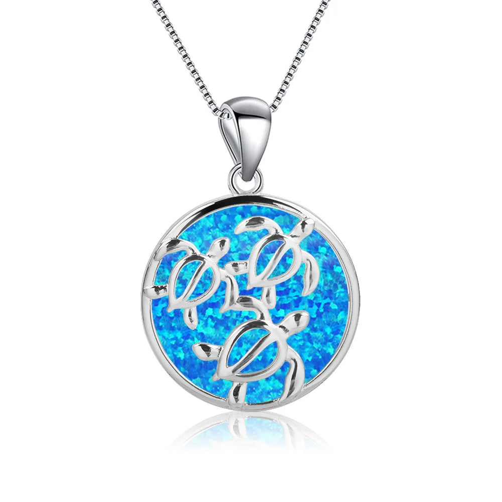 Bohemian Hawaiian Blue Opal Turtle Necklace-3 Turtle Pendant Trendy Copper Sweater Chain Necklace for Women Wholesale