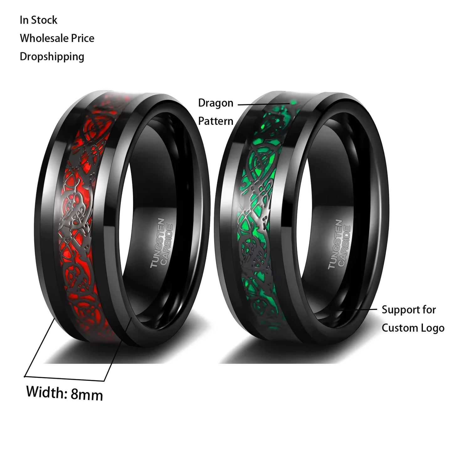 Tempusort Trendy 8mm Tungsten Red Wedding Ring for Men Dragon Tungsten Rings Green Fashion Jewelry Finger Rings Dropshipping