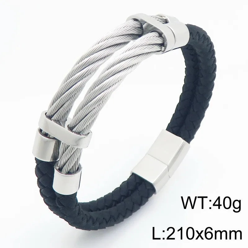 REBEL Trendy Original Unisex Leather Stainless Steel Jewelry Bangle Bracelet