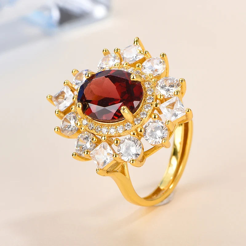 Gioiellieri High-End Elegant Open Ring for Women Classic Style Oval Cut Natural Garnet 925 Silver Gold Plated Gemstone Rings Prong Setting