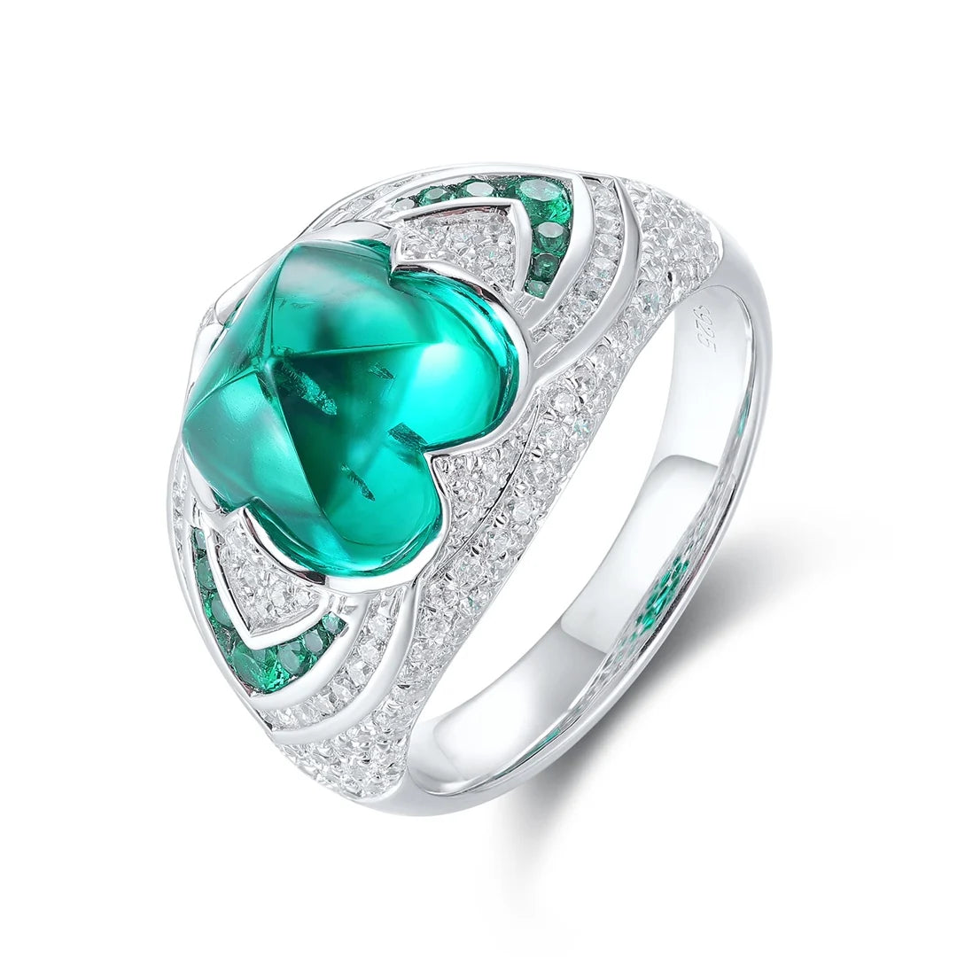 Gemfiori Emerald Ring for Men Engagement Rings Silver Sterling 925 3CT Sugar Loaf Lab Grown Emerald Unisex Rings Non Tarnish Non Allergic