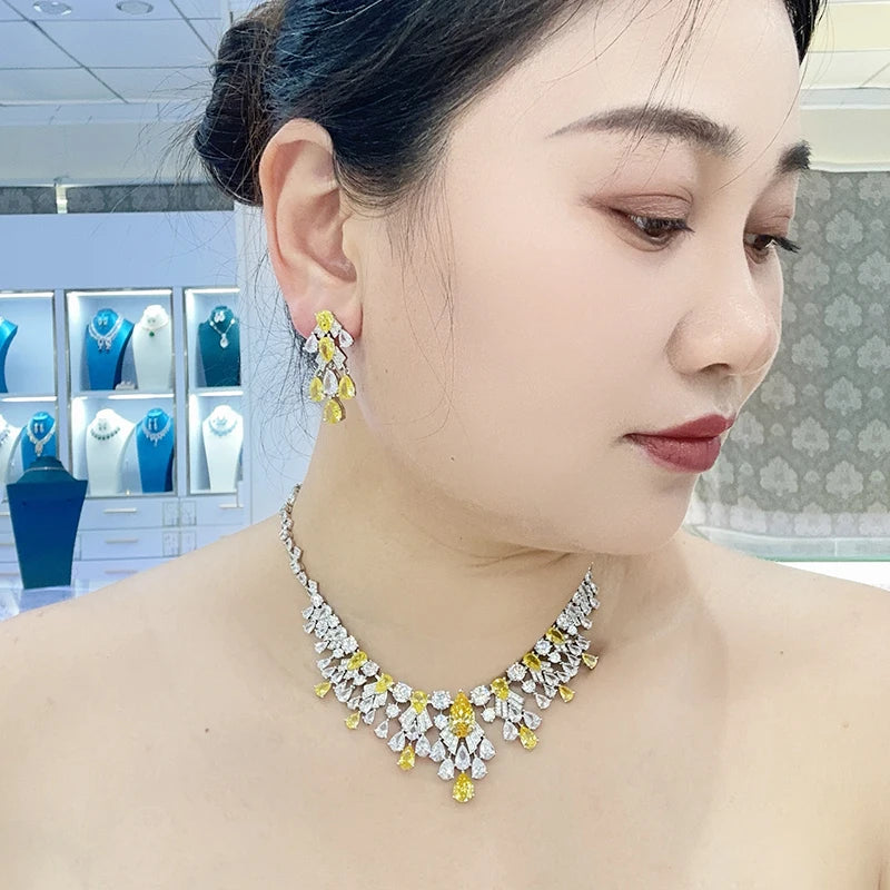High Quality Pear Shaped Cut Yellow pink Zircon Necklace Earrings 2-piece Set Brass Saudi Wedding Banquet Jewelry