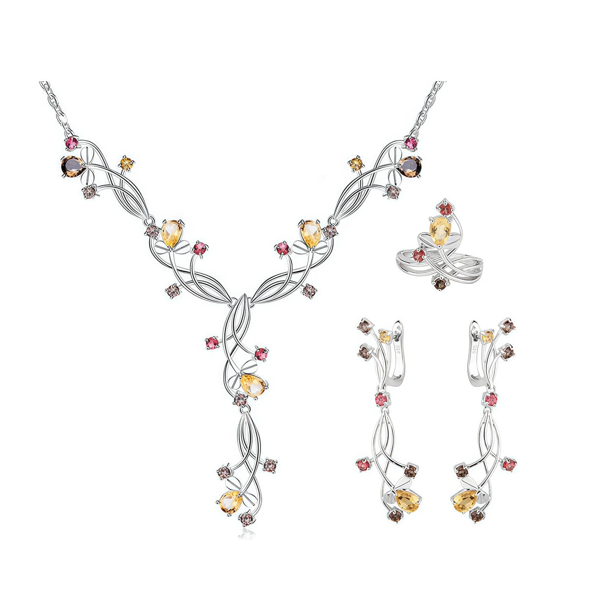 ArtistA Abiding Exquisite Ins Temperament Flower Cluster Mixing Gemstone Necklaces Ring Dangle-Drop Earrings Set Bridal Jewellery Set