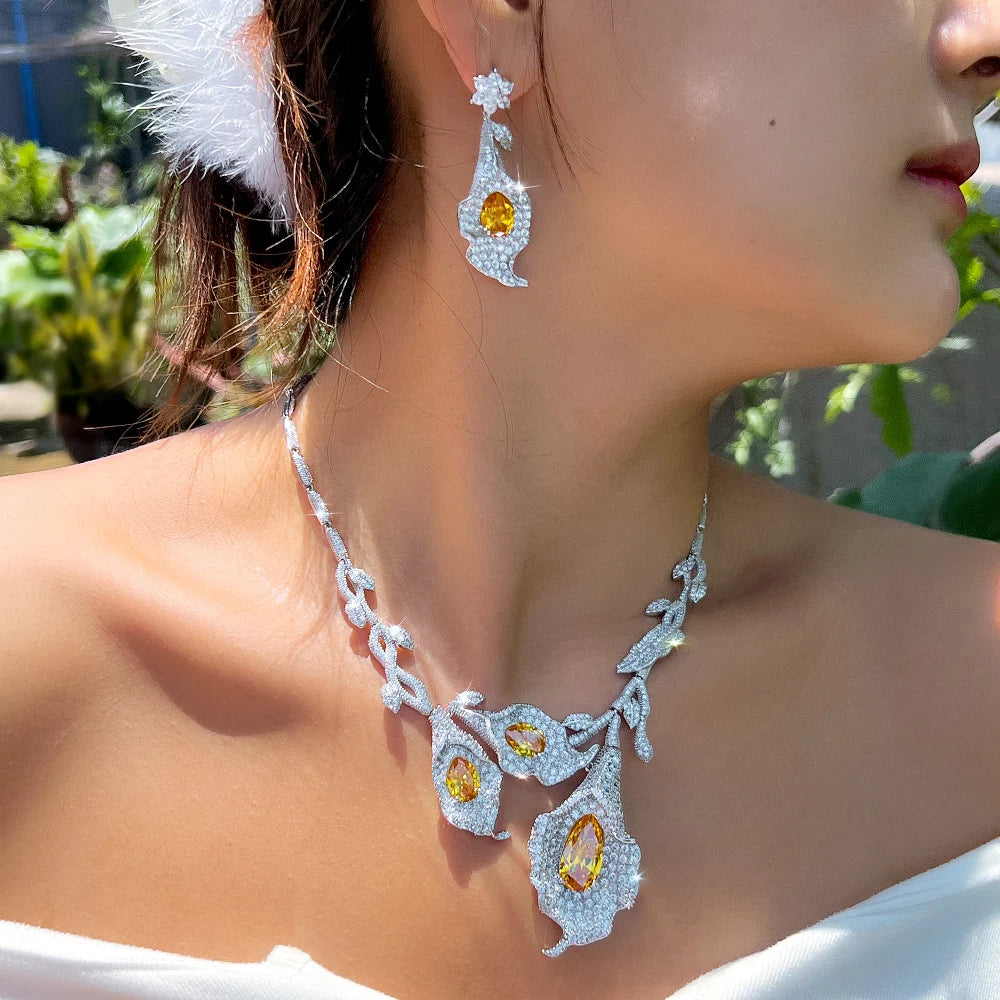 Wholesale 2pcs Necklace and Earrings Set Irregular Shape Big Yellow Leaf Jewelry Set for Women Wedding Party