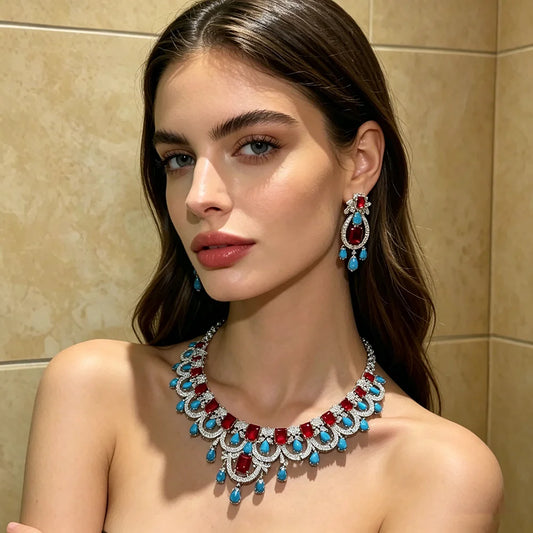 XM S414 Silver Plated Marquise Cut Turquoise Ruby-Tone Crystal Tassel Choker Necklace & Drop Earrings Set