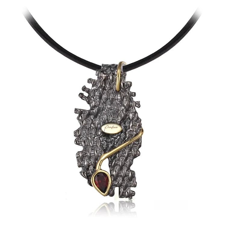 Guangdong Antique Natural Garnet Stone Bezel Setting Engraved 925 Silver Women's Pendant