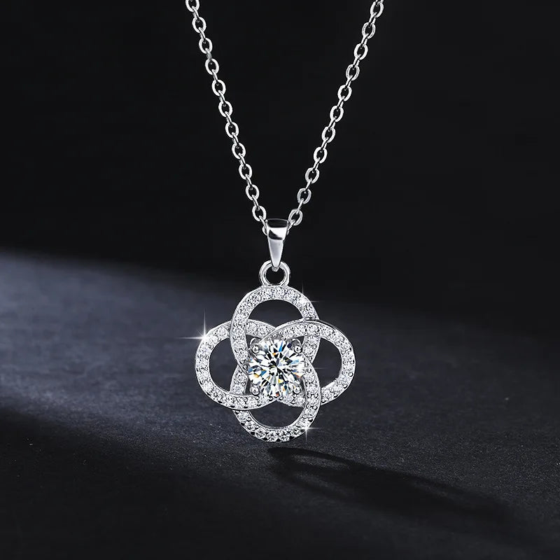 REDheart Trendy S925 Silver Four-leaf Clover Inlaid 1CT Moissanite Pendant Necklace and Earrings for Women Jewelry Set