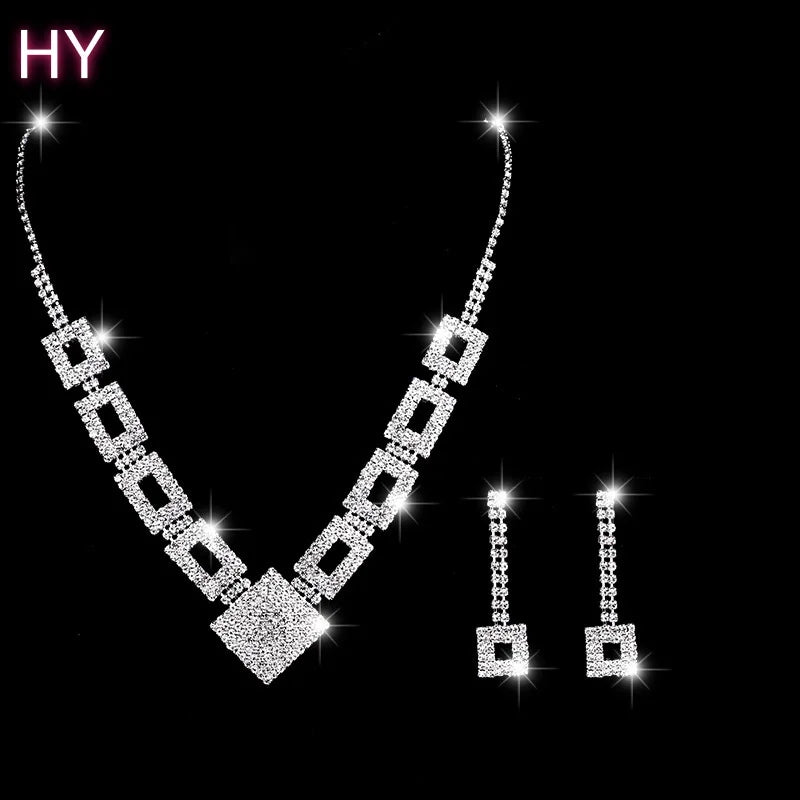 HY   New Luxury Full Diamond Rhinestone Crystal Jewelry Set for Women Trendy Square Earrings Necklace Bracelet Link Wedding