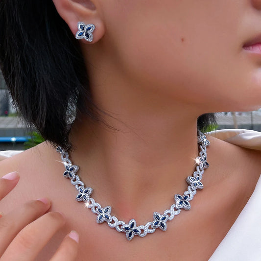 Hip Hop Jewelry Sapphire Blue 4 Leaf Clover Flower Necklace and Earrings Cubic Zircon Cuban Link Chain Jewelry Set for Women Man