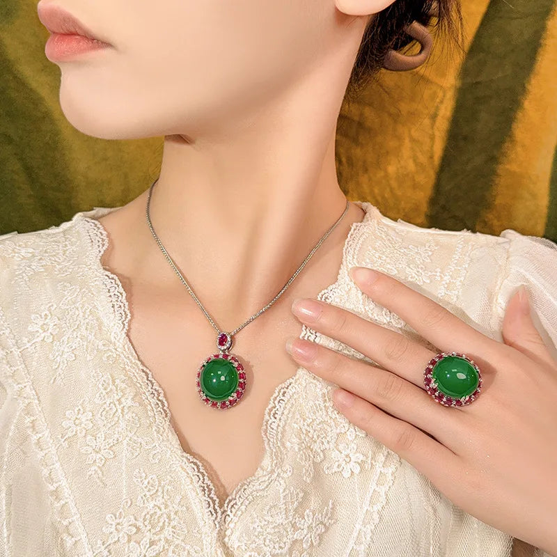 REDheart Brass Inlaid Zircon Open Movable Ring Simulation Green Chalcedony Fluorescent Advanced Luxury 18K Gold Plated Flower Design Set