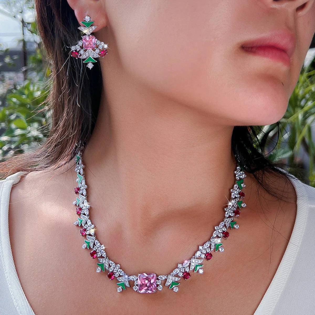 Charming Jewelry Set Rhodium Plated Multicolor Zirconia Necklace Earrings Christmas Tree CZ Jewelry Set for Brides Women Wedding