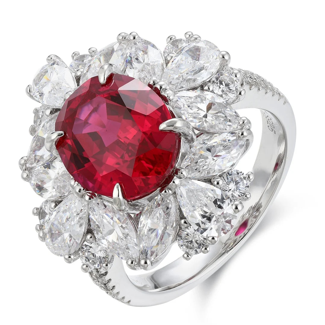 Gemfiori S925 Silver Cultivated Ruby Ring Main Stone:5.07 CT Side Stones:5.81CT Weight: 7.7g