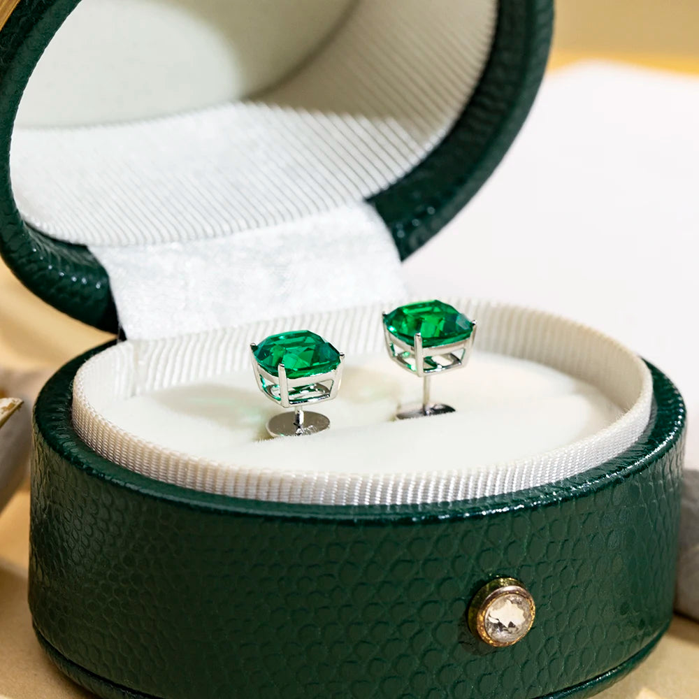 Messi Jewelry MSE-779  10K Gold 7*7mm Cushion Shape Lab Grown Emerald Earrings Engagement Dating Gift for Girls