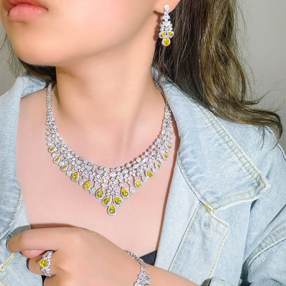 Saudi Arabia Yellow Cubic Zircon Crystal Luxury Dubai Wedding Bridal Jewelry Set Big Tassel Necklace for Women Engagement