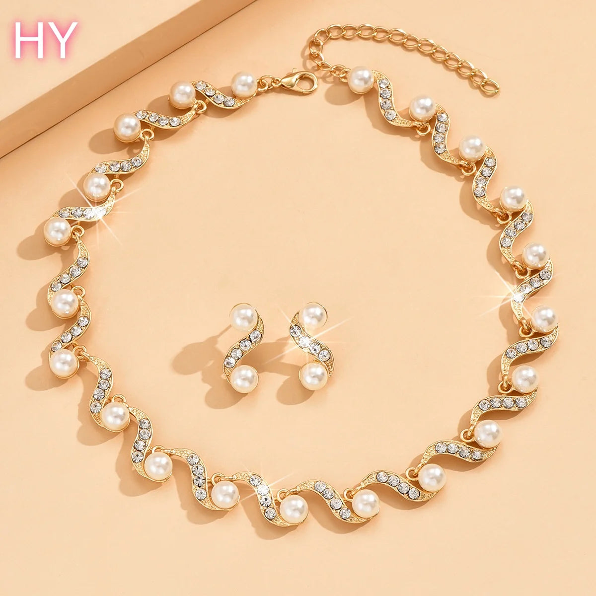HY   Hot-selling Women Fashion Jewelry Sets Silver Gold Rhinestone Pearl Banquet Necklace and Earrings Set for Wedding