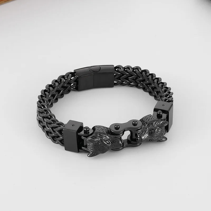 KALEN Men Punk Gold/Silver/Black/Oxidized Black Stainless Steel Wolf Head Charm Herringbone Chain Bracelet