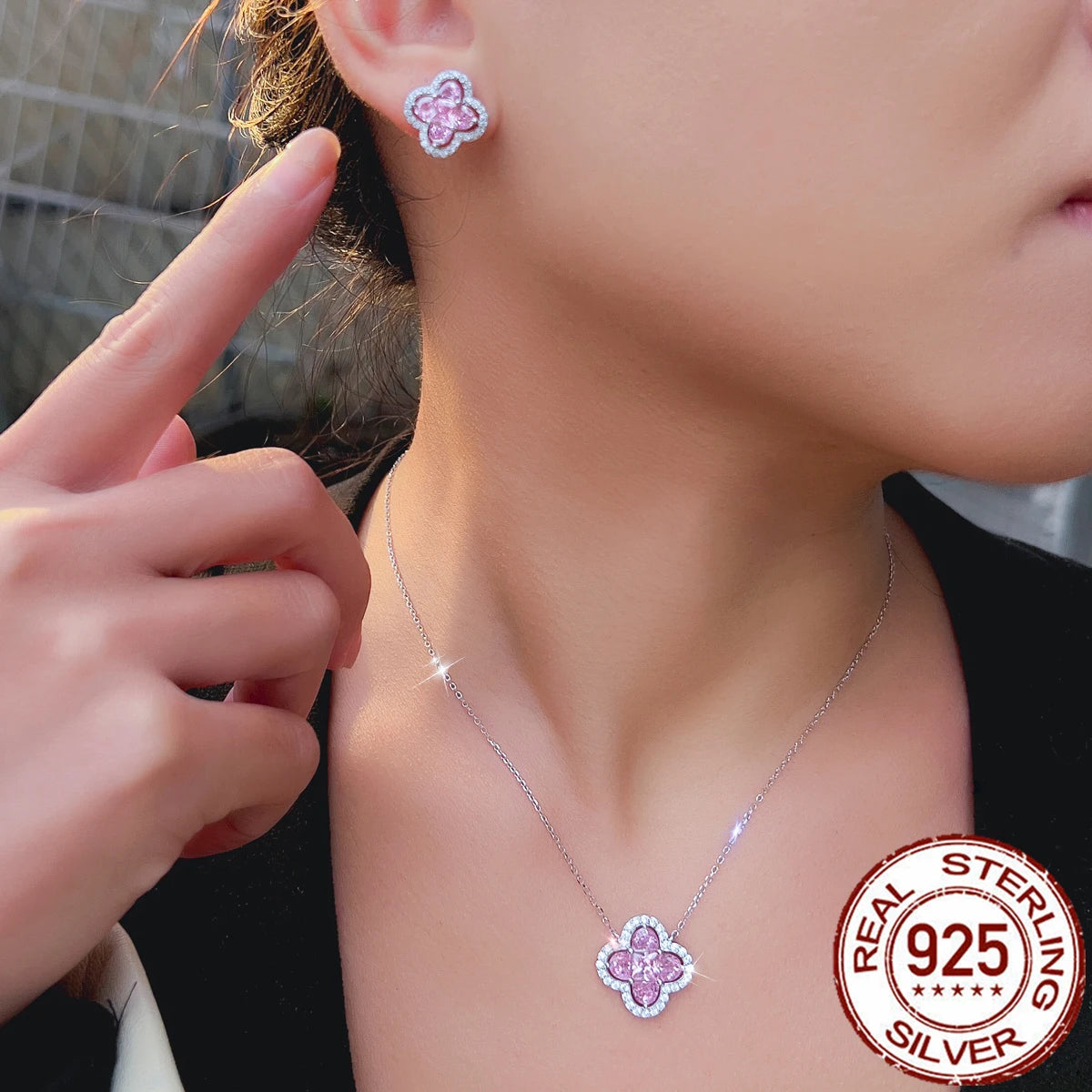Real 925 Sterling Silver CZ Jewelry Set Pink Zircon Flower Dangle Pendant Stud Earrings Jewelry Set for Women Brides Daily Wear