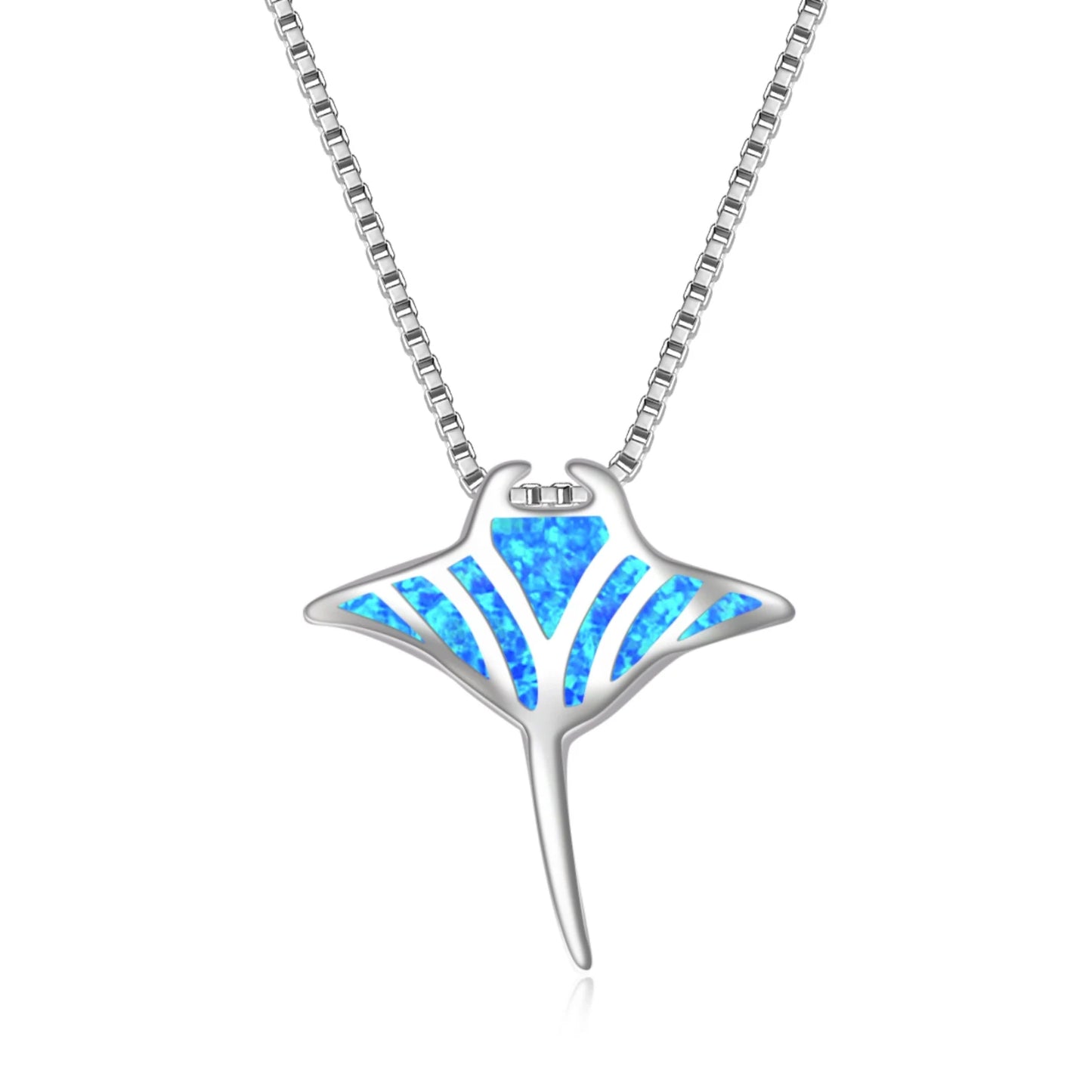 Trendy Marine Ray Opal Pendant Necklace-Blue Fire Opal Inlaid Copper Link Chain Stingray Design | Coastal Nature Bulk Gifts