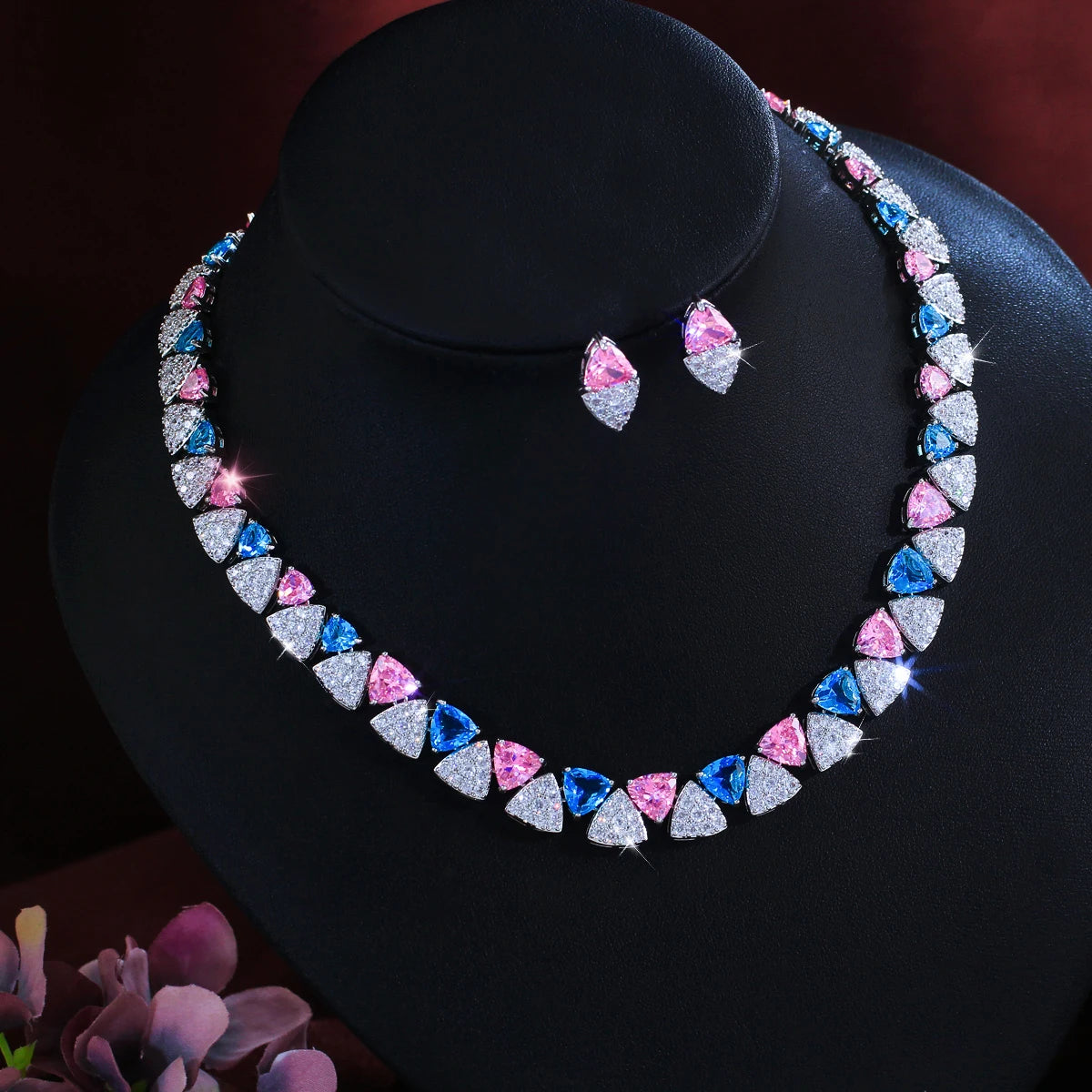 Light Blue Pink Triangle Zircon Jewelry Set Rhodium Plated Micro Pave Necklace Earrings Jewelry Set for Brides Wedding Banquet