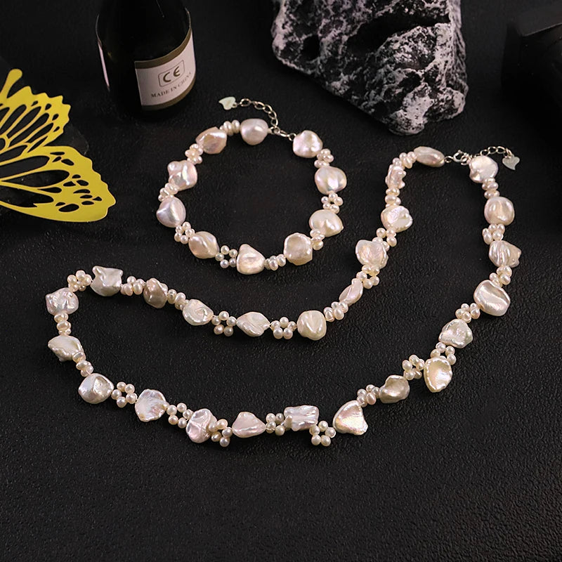 GLSEEVO  Natural Freshwater Pearl Flower Jewelry Set for Women Wedding Engagement Floral Pearl Necklace Bracelet Fashion Jewelry