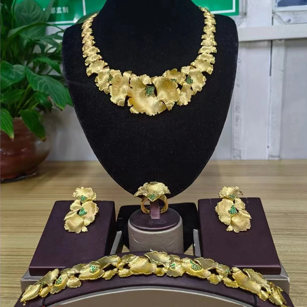 Zhuerrui Luxury Cubic Zirconia Jewelry Set American Diamond Flowers Jewelry Sets Necklace Bracelet Earrings Ring Jewellery Set
