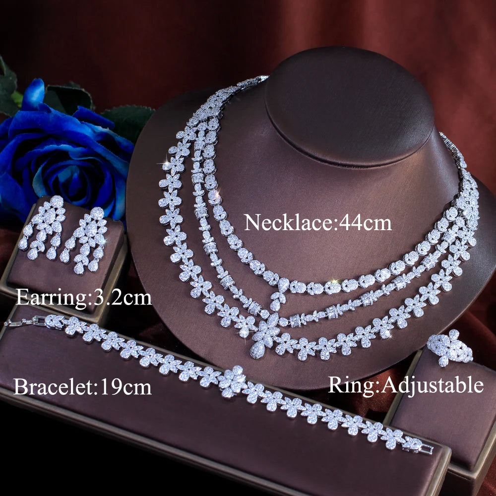 4pcs Luxury Multi Layered Triple 3 Layers Flower Necklace Earrings Tassel Middle East Bridal Wedding Big Jewelry Set for Women