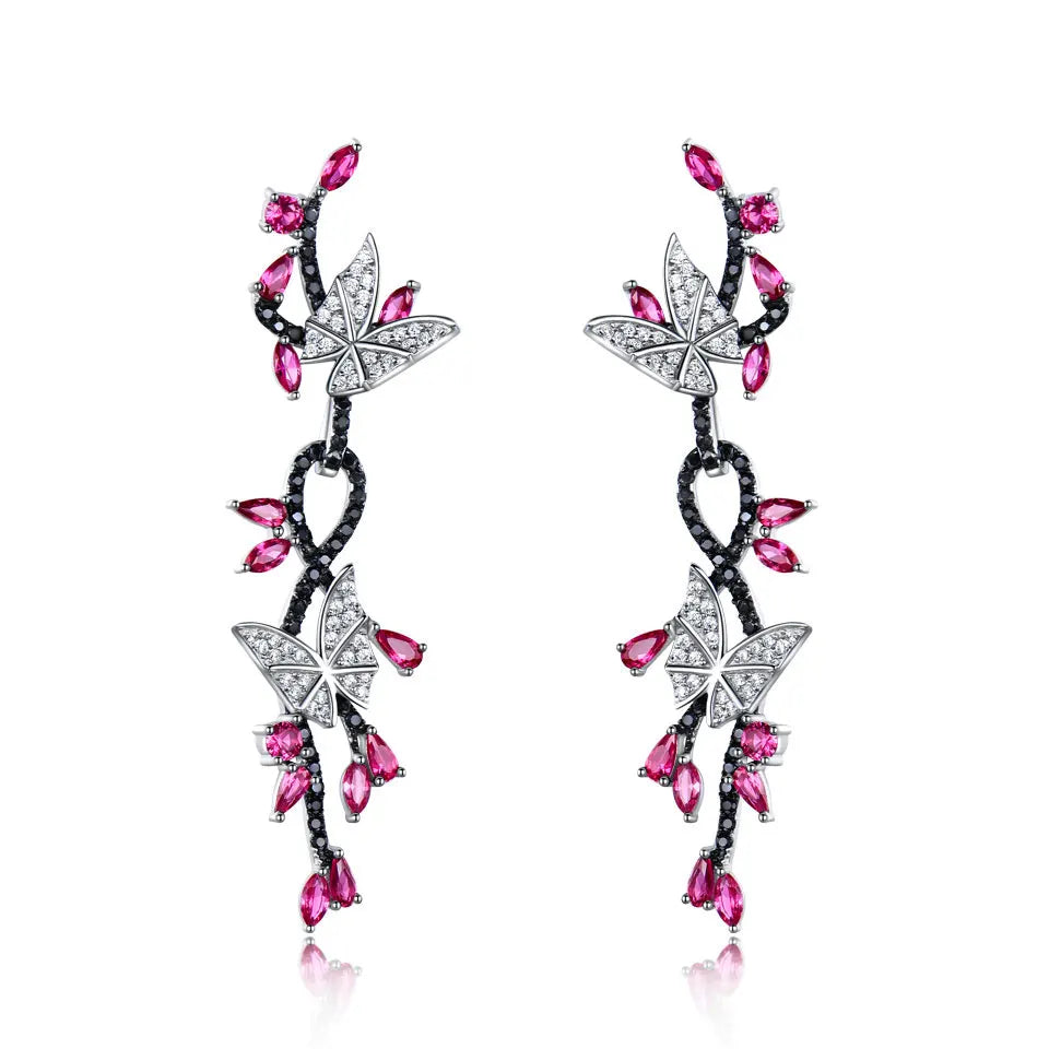 925 Sterling Silver Butterfly Jewelry Set Romantic Ruby Black Spinel Gemstone Rings Pendant Drop Earrings for Women Gift