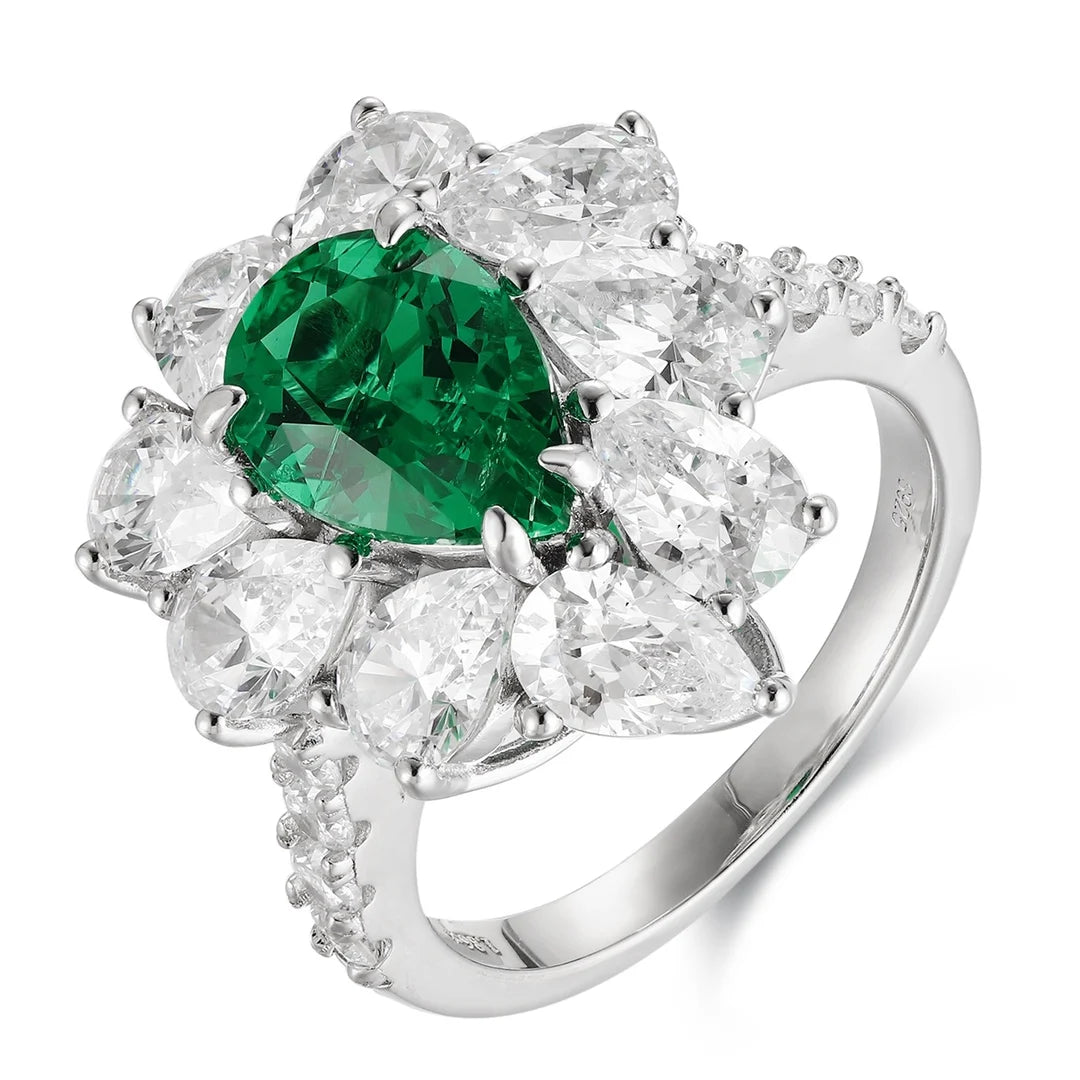 Gemfiori Vintage Rhodium Lab Grown Emerald Engagement Ring for Women 925 Silver Gemstone Birthstone Synthetic Diamonds Wedding