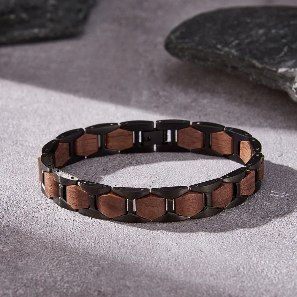 REBEL Handmade Custom Logo REBEL Unisex Skeleton Shape Walnut Wood Black Gun Plated Casual/Sporty Wrist Band Bangle