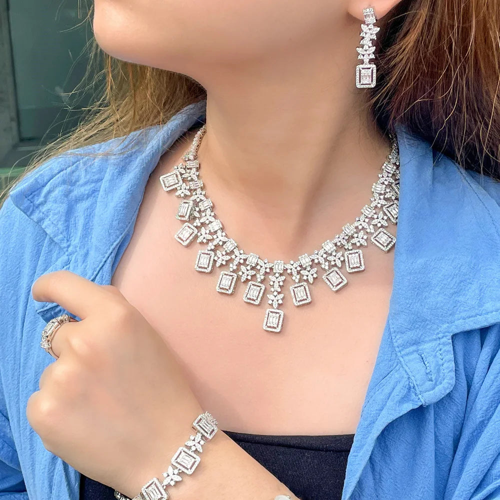 Luxury Saudi Arabia Square Tassel Flower Shaped CZ Jewelry Wedding Drop Earrings Necklace Set for Women Evening Party Accessory