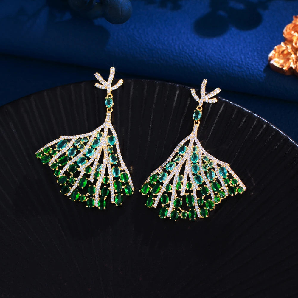 S&S Green CZ Oversized Tree Leaf Dangle Drop Earrings – 18K Gold Plated – Collection