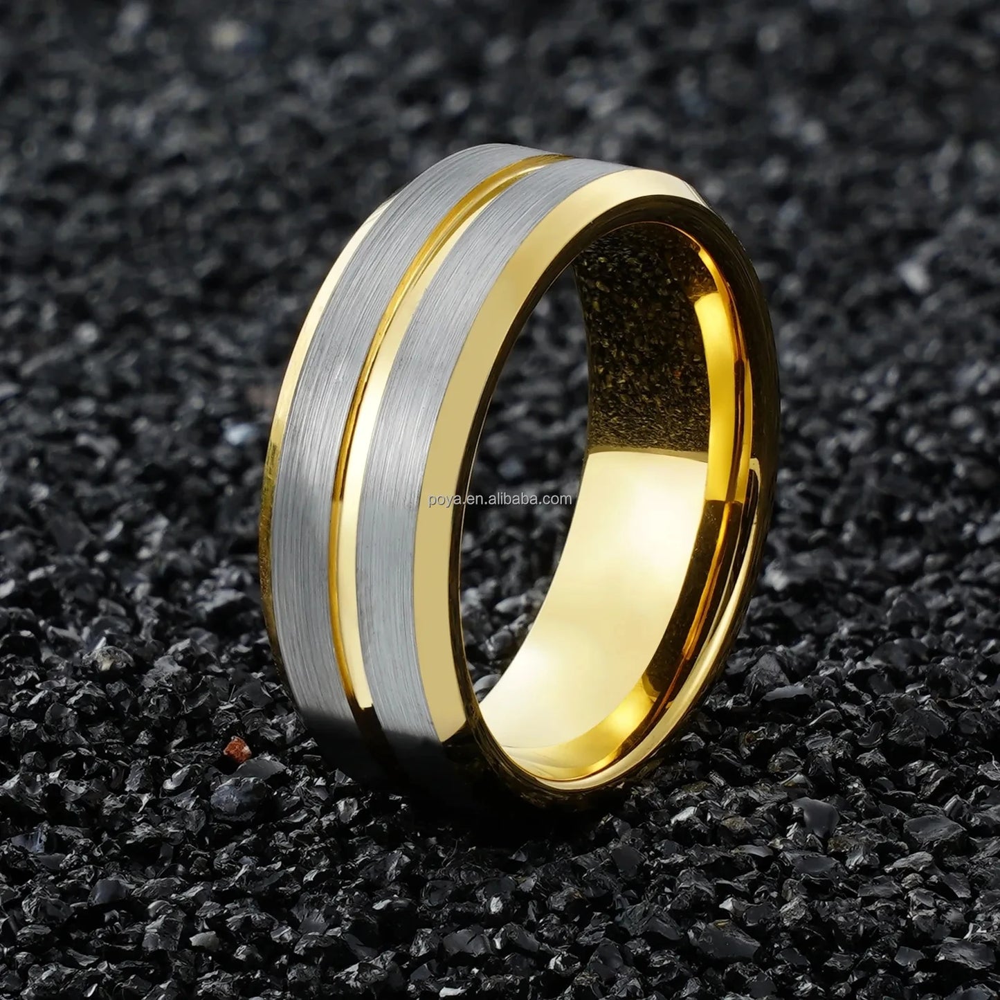 POYA 8mm Unisex Stylish Vintage Design Tungsten Ring Gold Plated Beveled Edges Engagement Wedding Gift Silver Jewelry