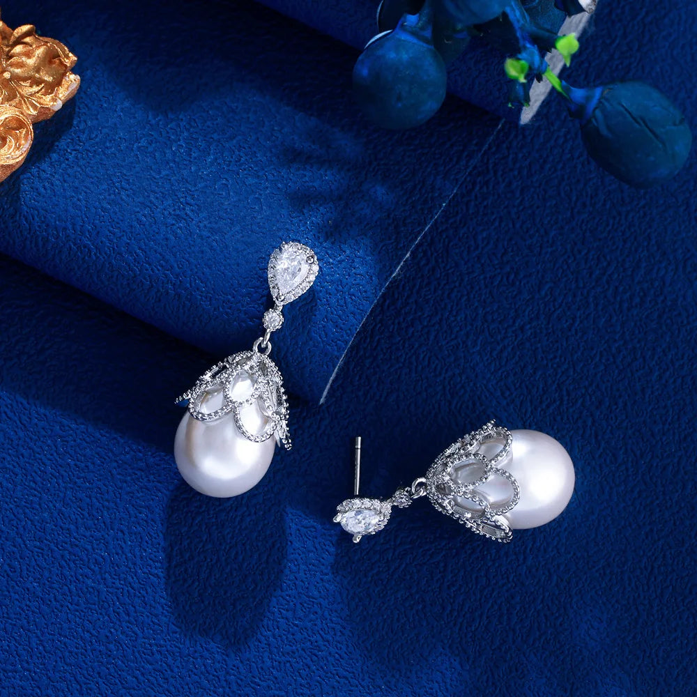S&S CZ & Pearl Geometric Dangle Drop Earrings – Rhodium Silver Plated – Collection