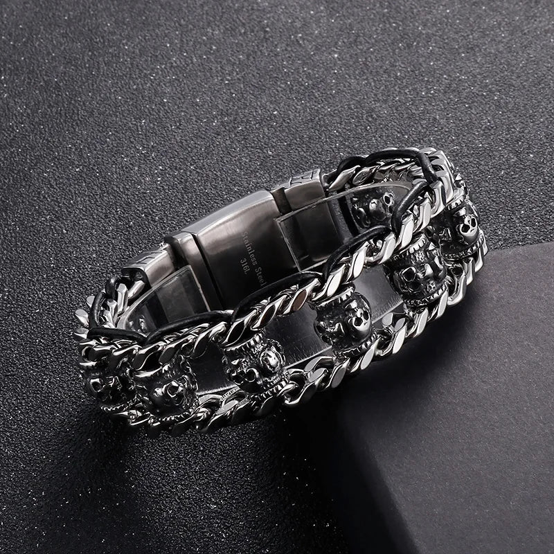 VIKING Mens Punk Skull Charm Stainless Steel & Cowhide Link Bracelet – Silver