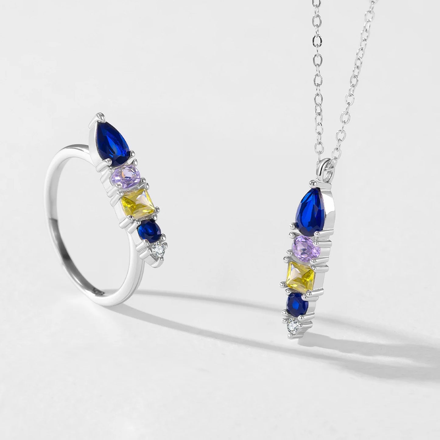 Wholesale 925 Sterling Silver Fashionable Personalized Colored Diamond Geometric Design Necklace Ring Trendy Set Gift Set
