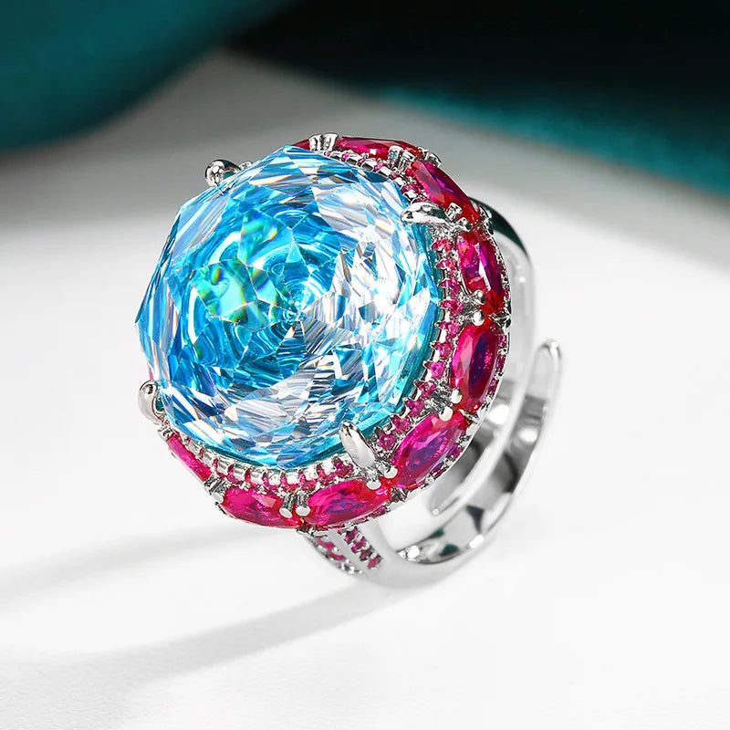 Gemfiori Elegant Colorful Zircon Luxury Jewelry Fashion Necklace Ring Accessories European Rose Pendant Ring Set
