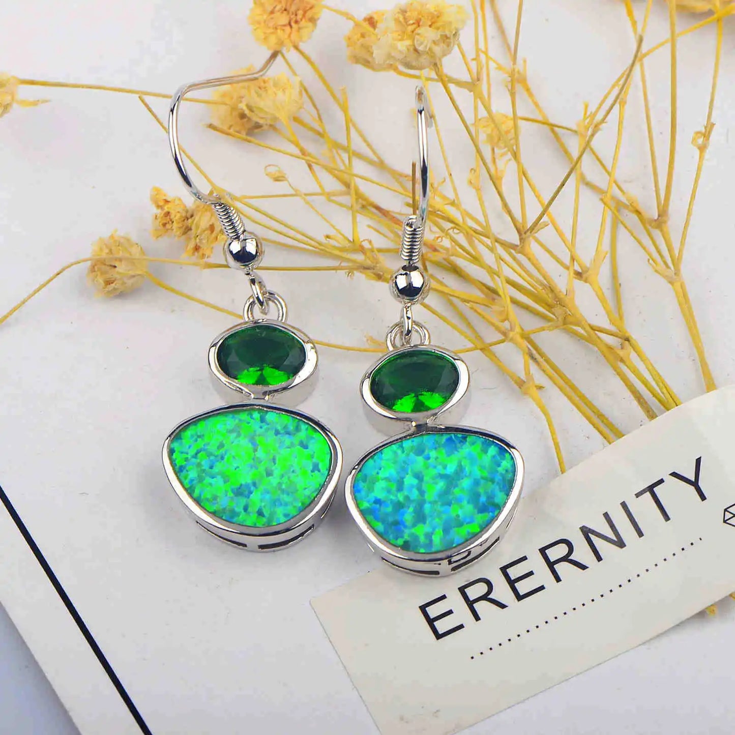 Retro Green Australian Opal Earrings  High-Grade Euro-Style Sparkling Earrings