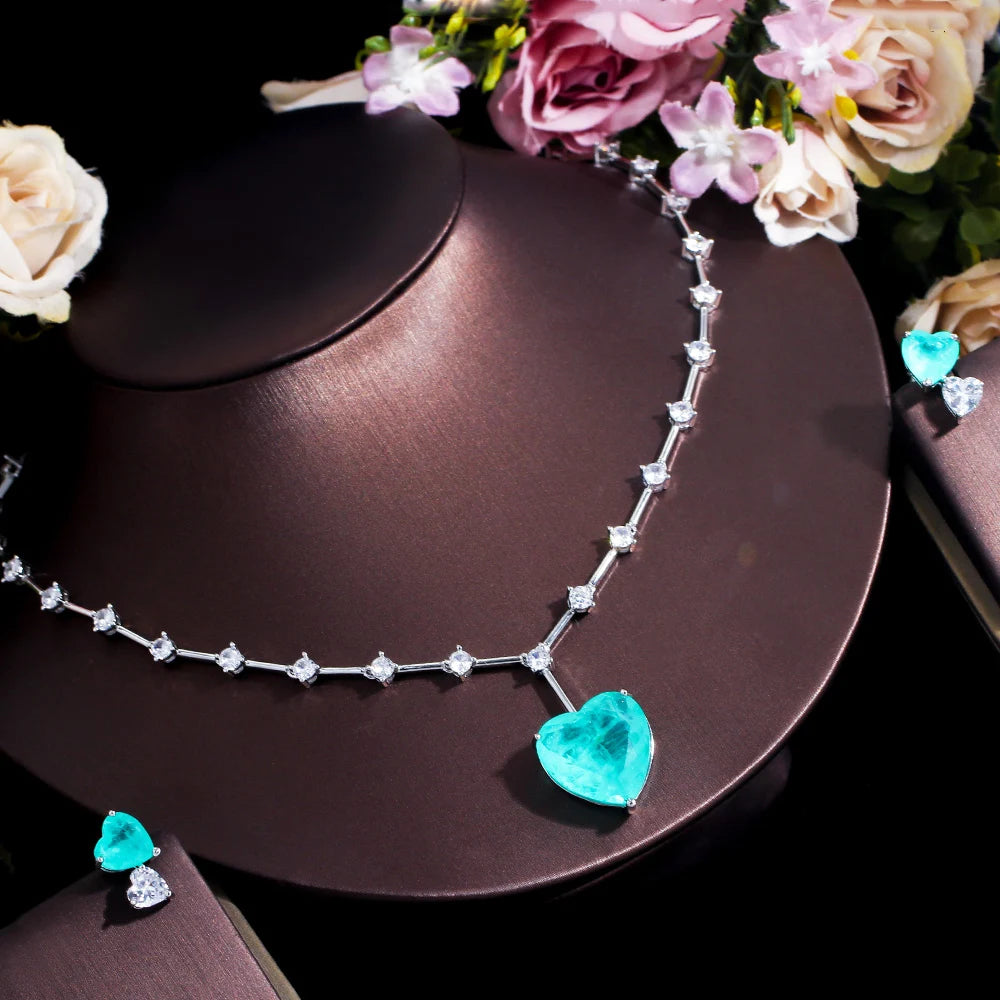 Beautiful Romantic Titanic Large Blue Ocean Love Heart Pendant Necklace and Earrings Bridal Green CZ Jewelry Set for Women Gift