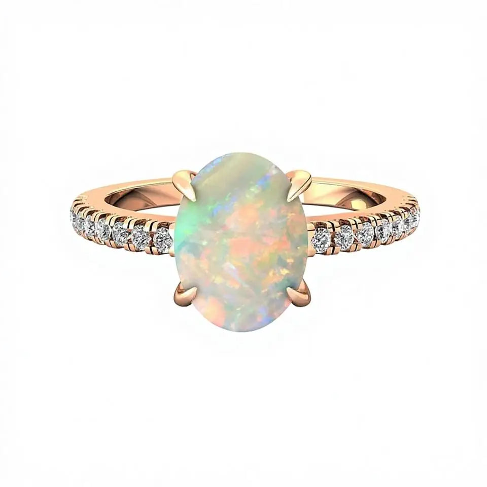 Unique Design Oval Shape Natural Ethiopian Opal Gemstone Ring Pure 14K Gold Rhodium Plated Adorned Genuine IGI Diamonds