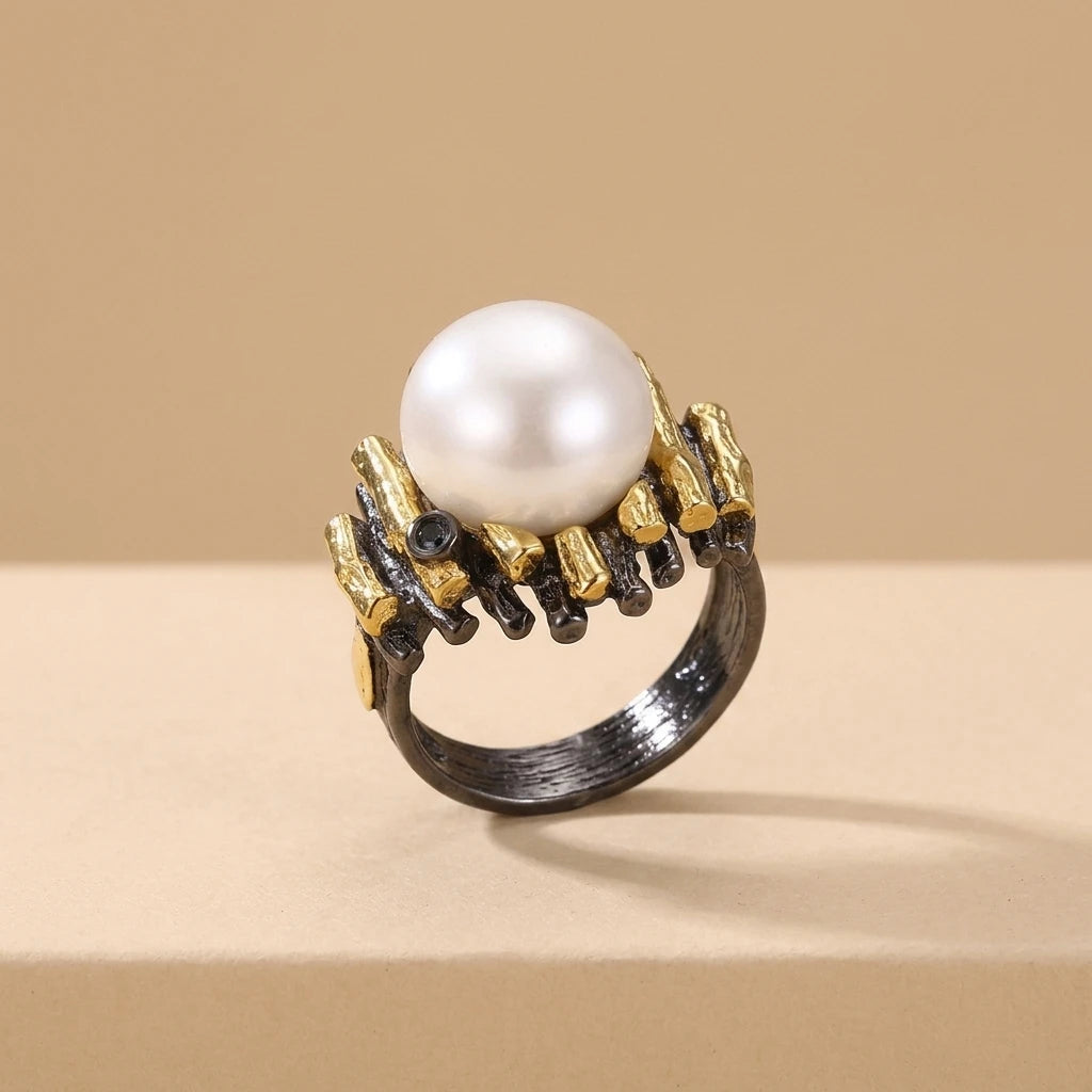 Unique 925 Sterling Silver Pearl Rhodium Jewelry Ring