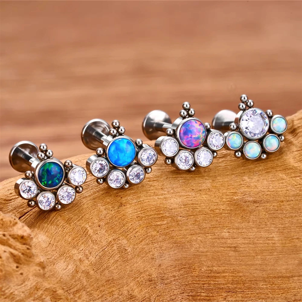 G23 ASTM F136 Titanium Ring CZ Colorful Zircon Lip Ear Claw Spiral Ear Studs Opal Nose Studs Earrings Body Piercing Jewelry