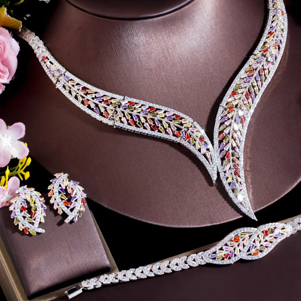 4Piece UAE Women Unique Leaf Shape African Multi Color CZ Necklace Earring Luxury Statement Wedding Party Jewelry Set for Brides