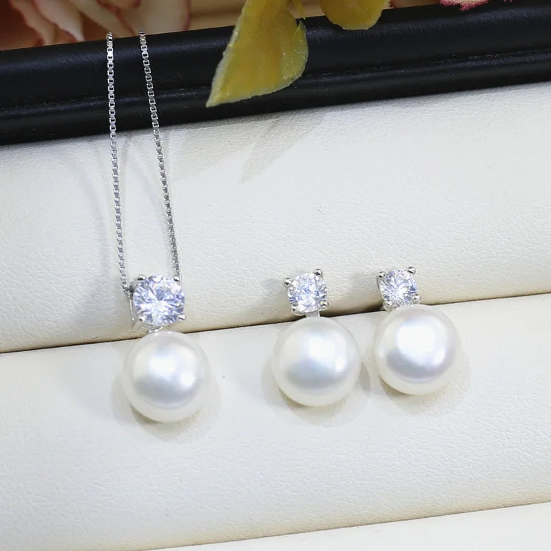 Fashion Natural Freshwater Pearl Real Pearl Jewellery Set Fresh Water Cultured Pearl Jewelry Set 925 Silver
