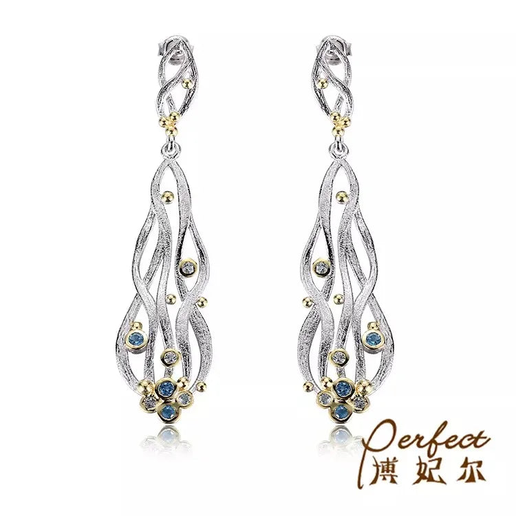 Blue Topaz Stone 925 Sterling Silver Classic Earrings for Women with 18K Gold Plated Wedding Party Gift