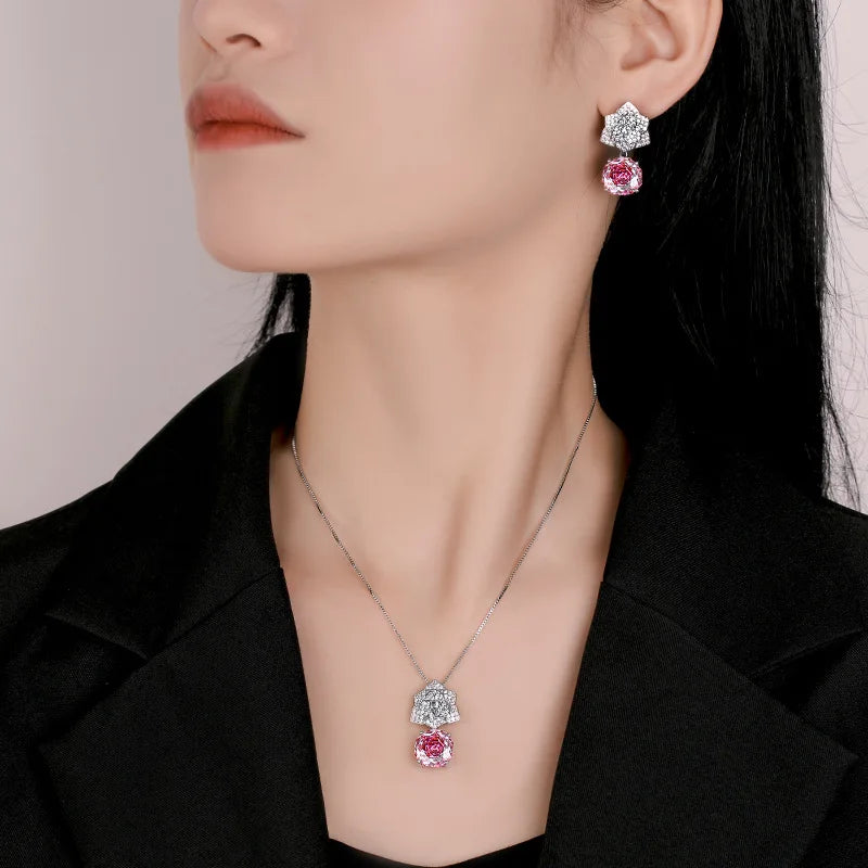Gemfiori High Quality Luxury Rose Pendant Necklace Earring Set for Women Sparkling pink Zircon Earrings Engagement Party Accessories
