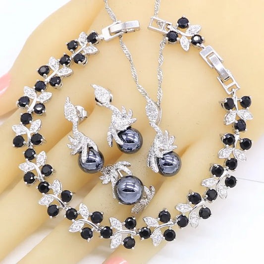 Black Freshwater Pearl Sterling Silver Classic Bridal Jewelry Sets for Women Earrings Necklace Pendant Ring Bracelet Wedding