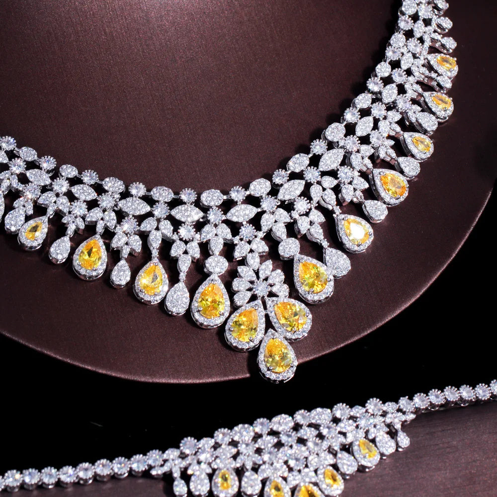 Saudi Arabia Yellow Cubic Zircon Crystal Luxury Dubai Wedding Bridal Jewelry Set Big Tassel Necklace for Women Engagement