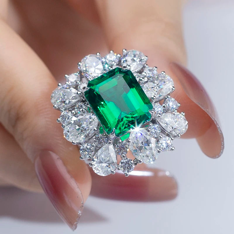 MSR-1252 18k Gold Custom Women Halo Ring  Fashion 10*12mm Emerald Cut Lab Grown Emerald Ring